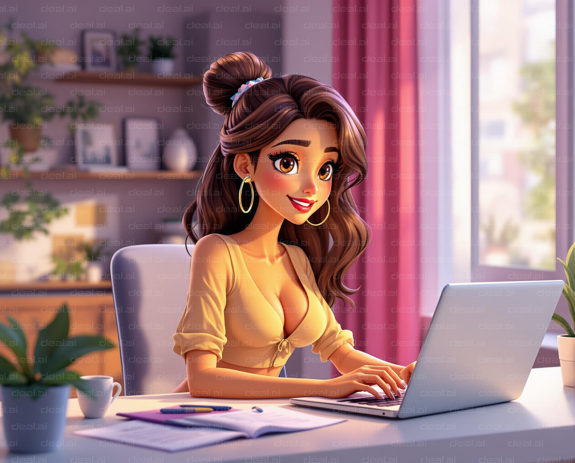 Animated Woman Working on Laptop