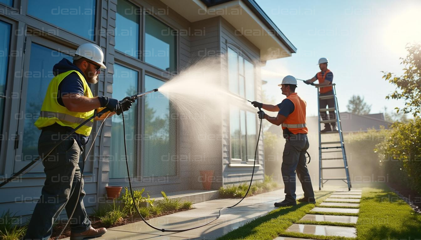 Team Power Washing a House Exterior