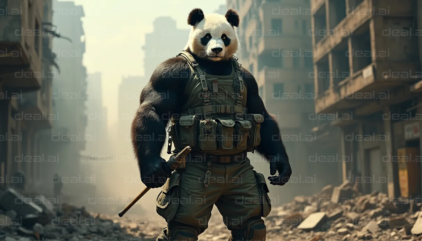 "Panda Warrior in Post-Apocalyptic City"