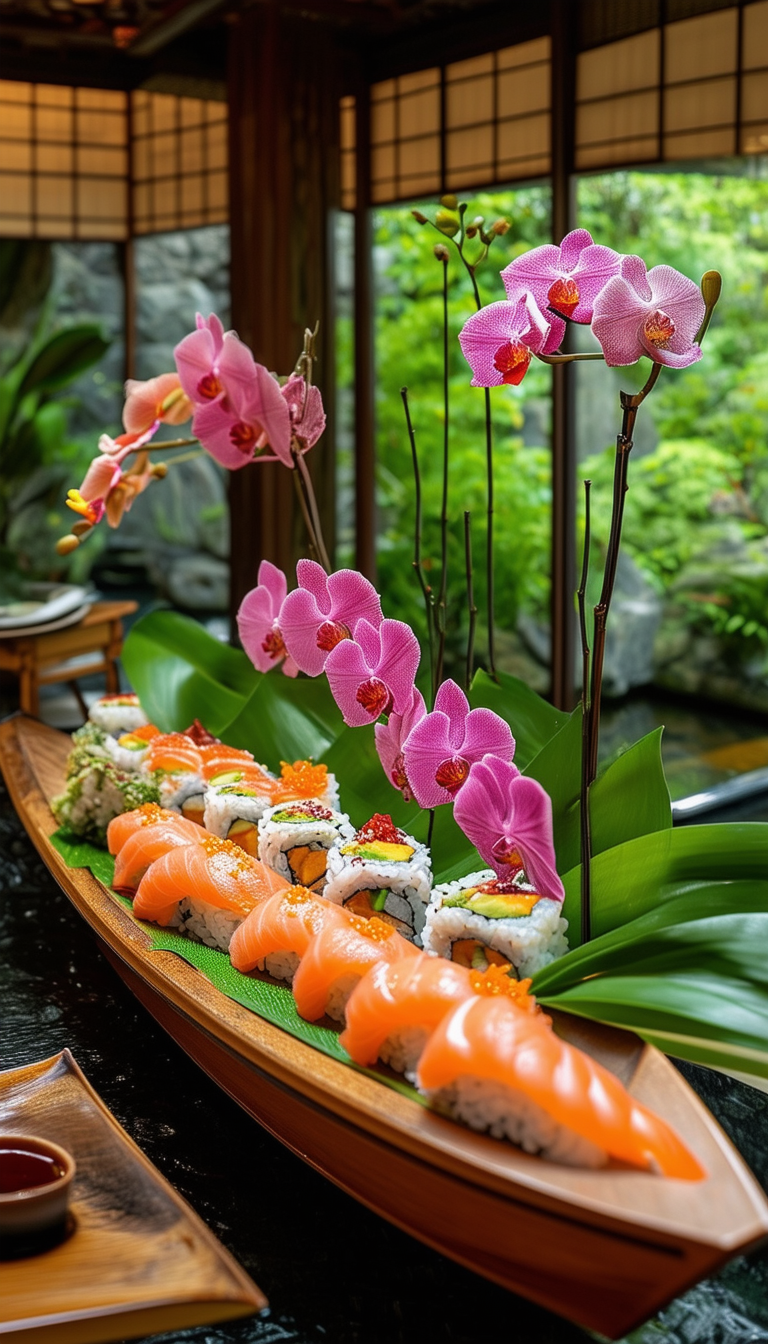 Elegant Sushi Platter with Orchids