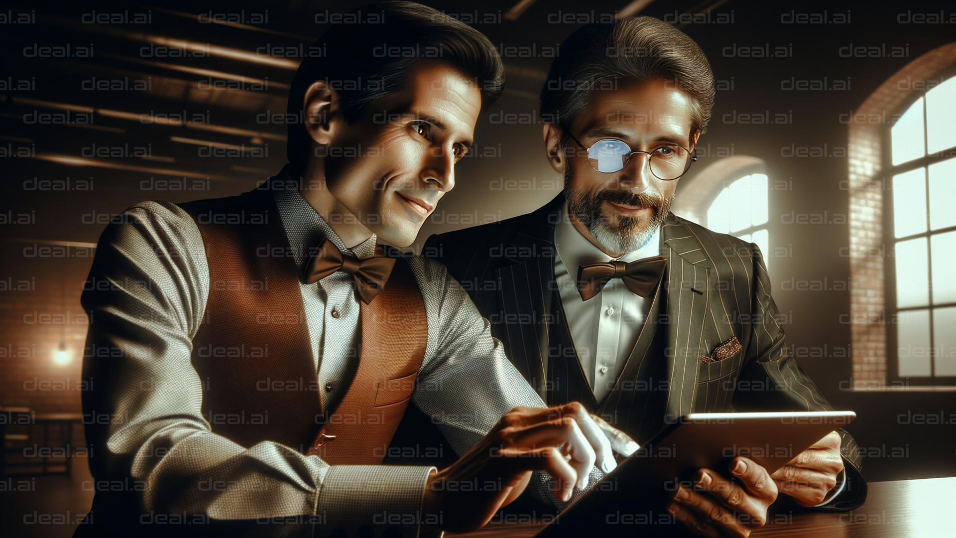 "Businessmen Collaborating on Tablet"