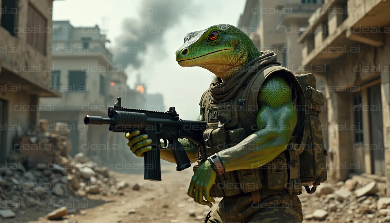 "Armed Lizard Soldier in Urban Warfare"