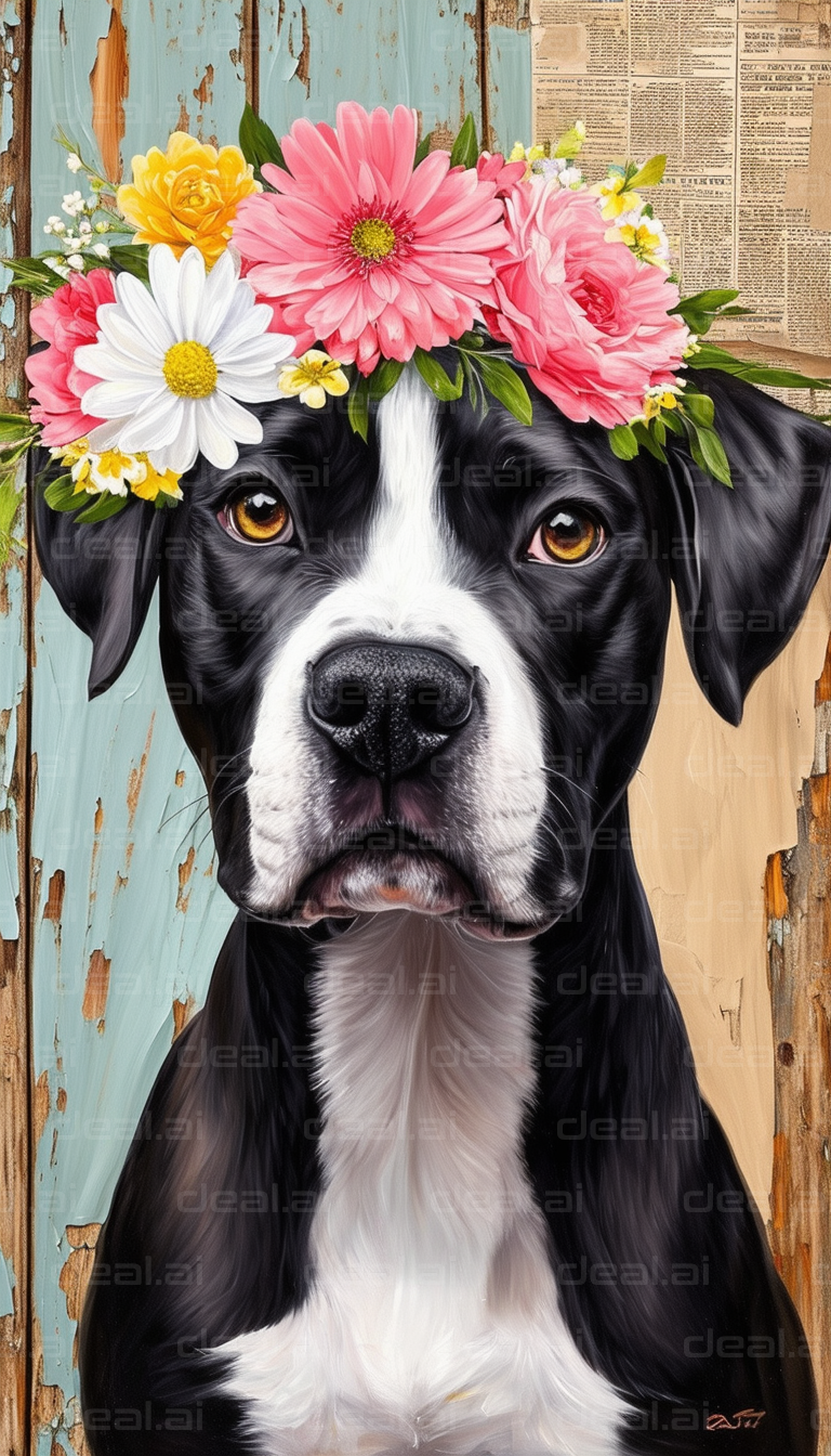 Dog with Flower Crown on Rustic Background