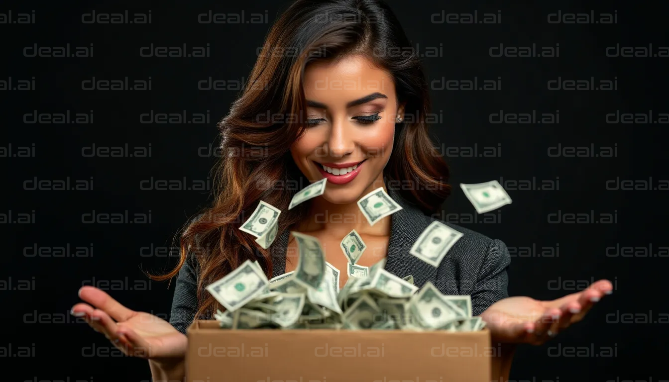 "Excited Woman with a Box of Money"