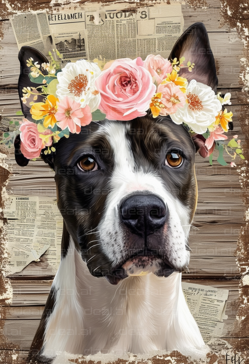 Dog with Floral Crown and Newsprint Background