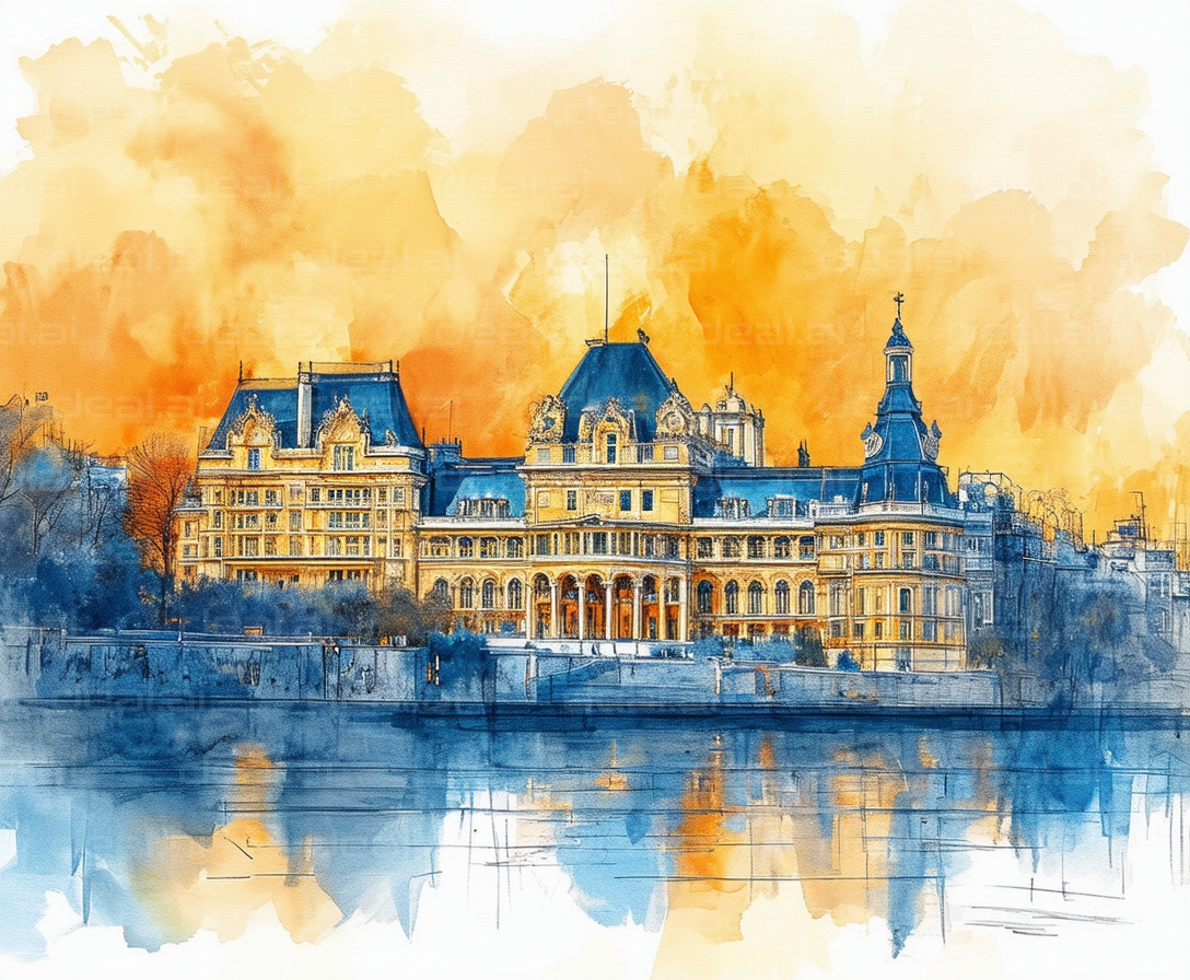 "Historic Building Reflecting at Sunset"