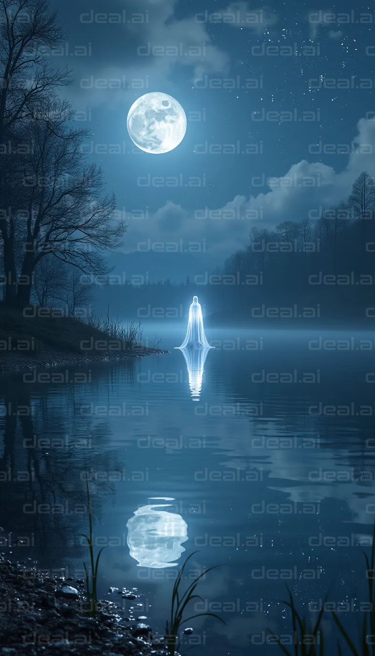 "Mystical Moonlit Lake Encounter"