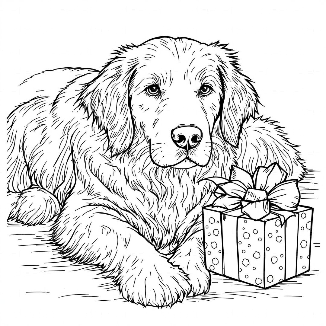 Dog with Gift Box Coloring Page