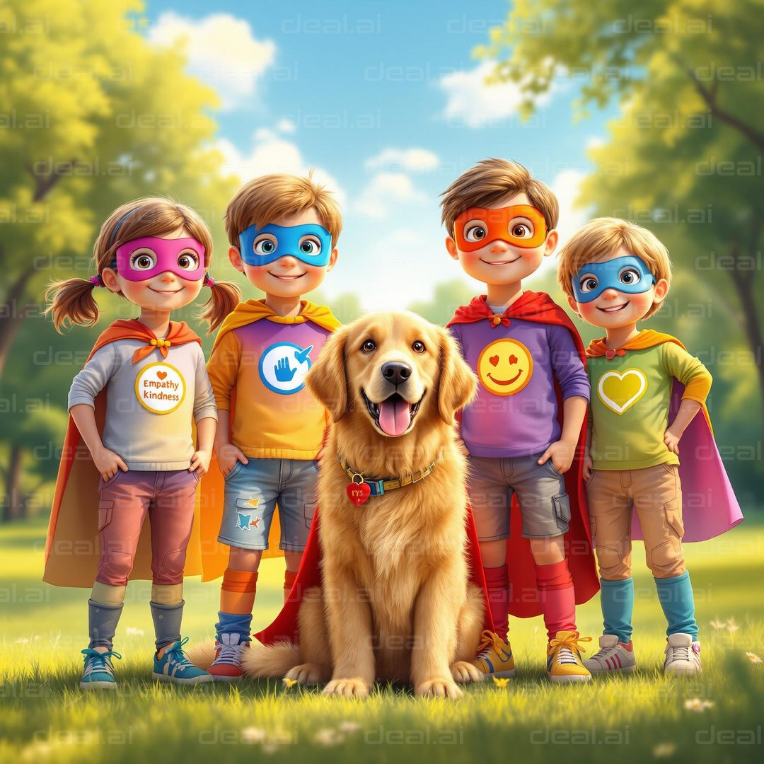 "Superhero Kids and Their Dog"