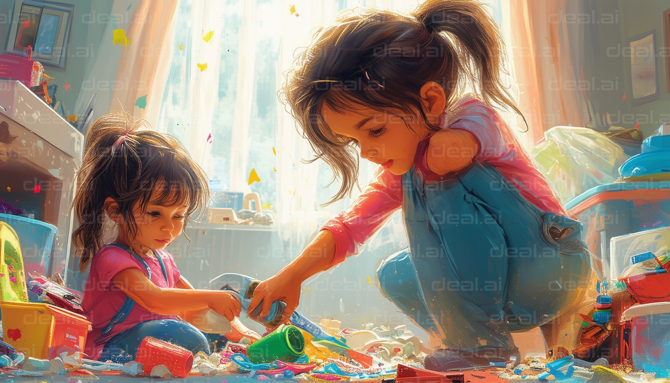 "Sisters Playing Together in Messy Room"