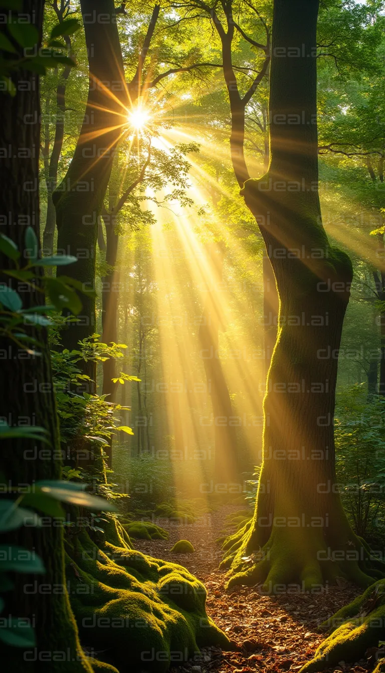 Sunbeams in a Mossy Forest Trail