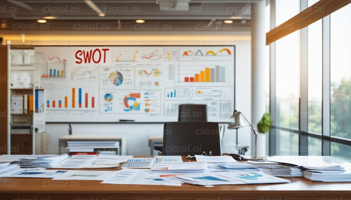 Office Desk with SWOT Analysis Charts