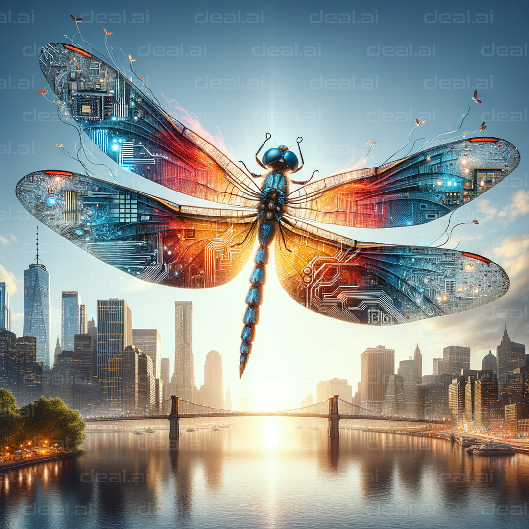 "Futuristic Dragonfly Over Cityscape"