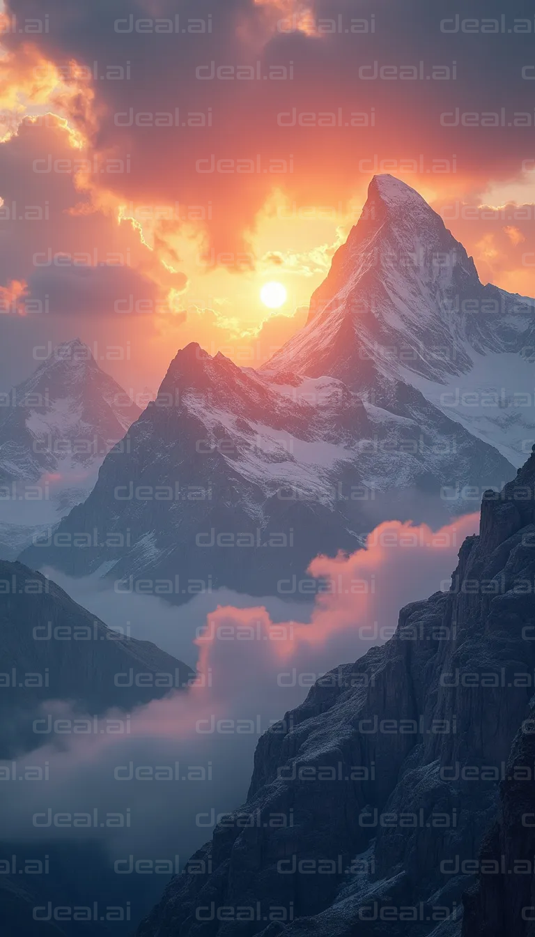 "Sunset Over Majestic Mountain Peaks"