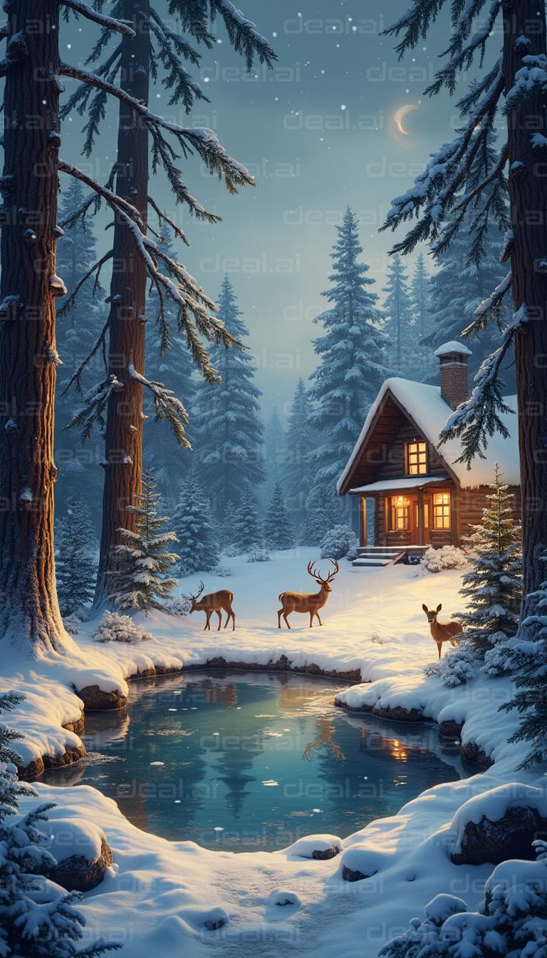 Tranquil Winter Cabin Scene with Deer