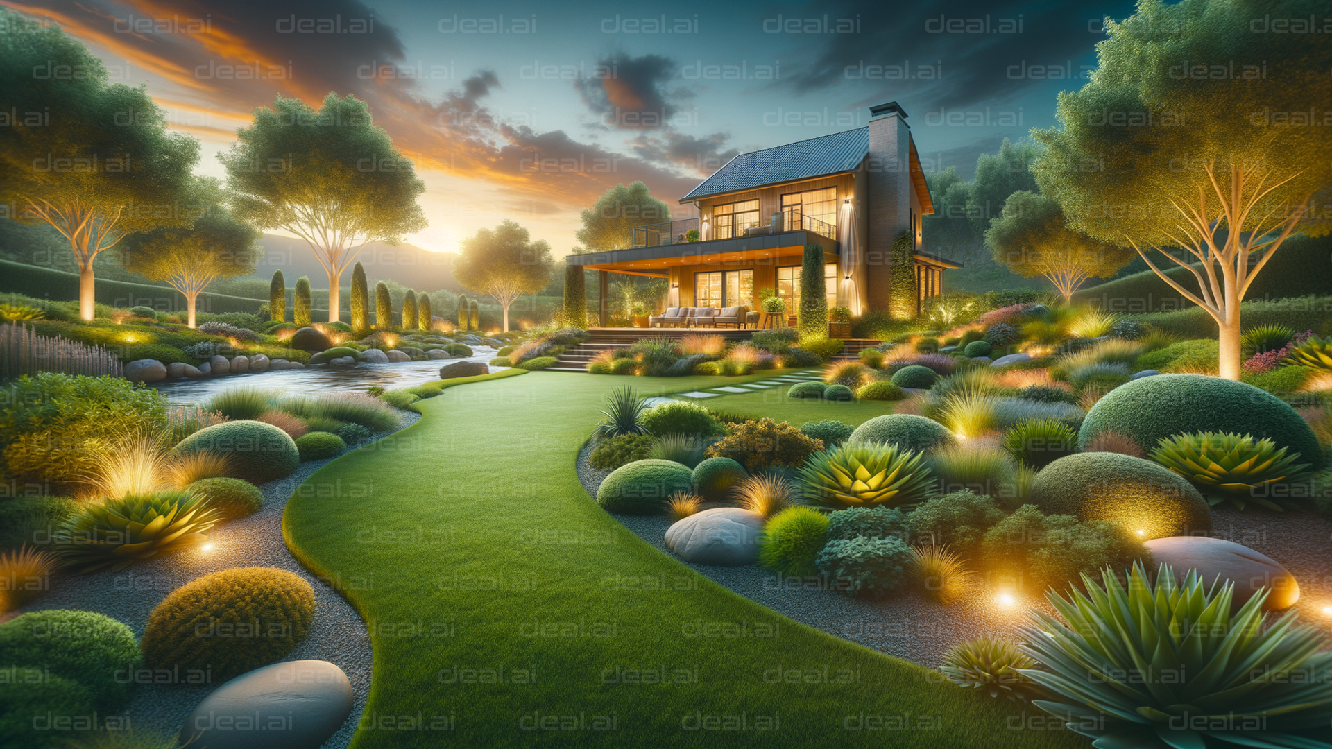 "Serene Garden Retreat at Dusk"