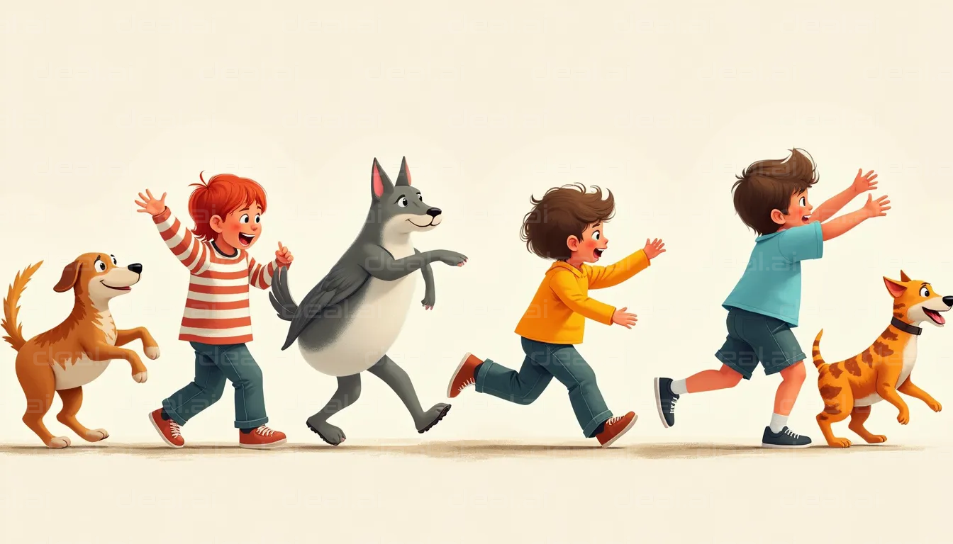 "Kids and Dogs Running Together Joyfully"