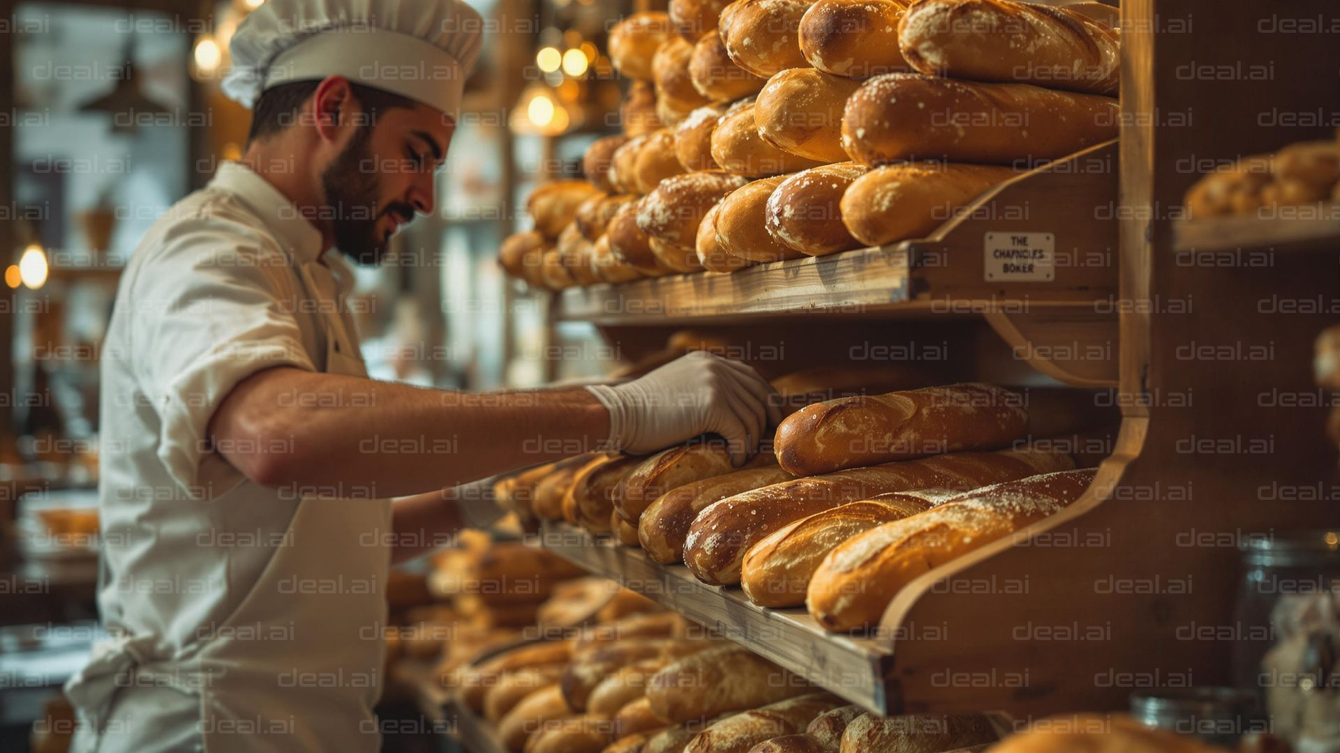 "Baker Organizing Fresh Bread Loaves"
