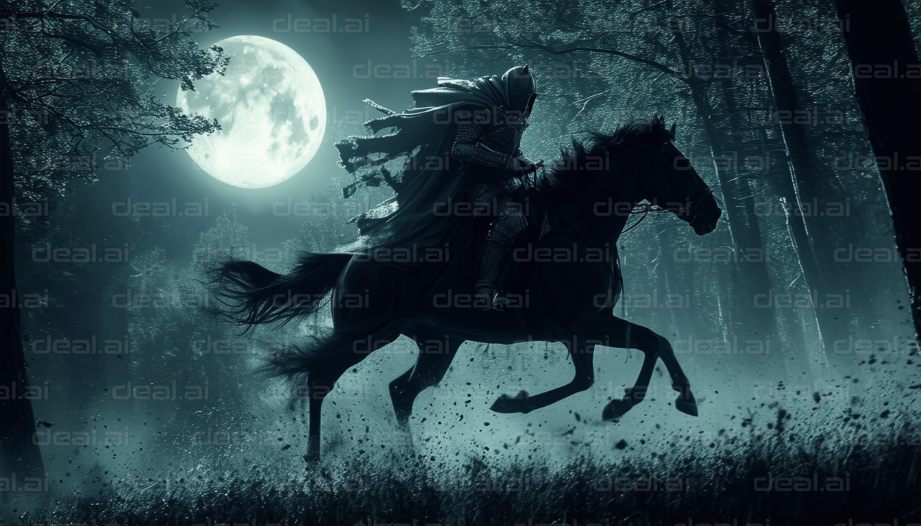 "Knight Ride Under Moonlit Forest"