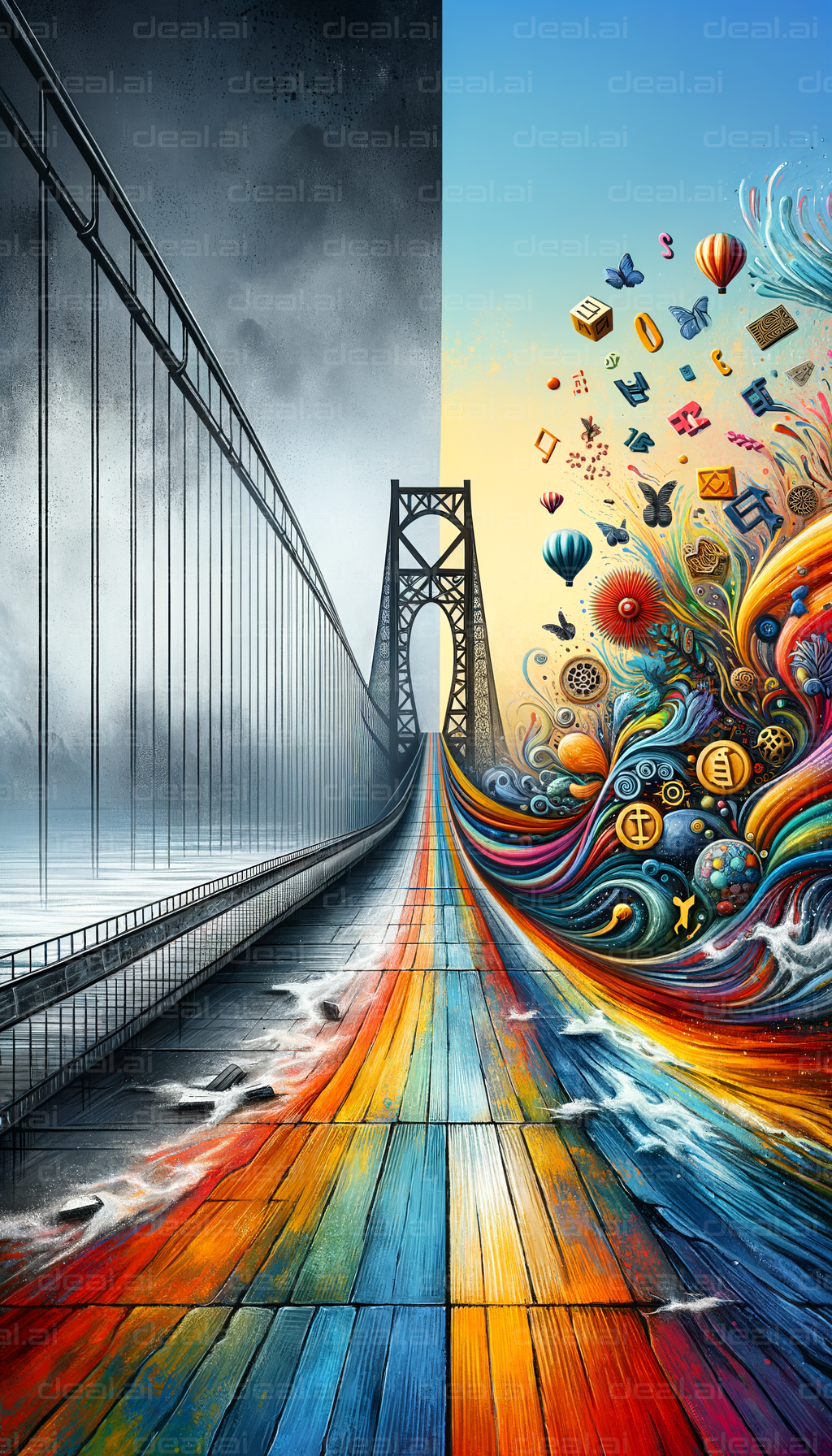 "Bridge of Transformation: Grayscale to Color"