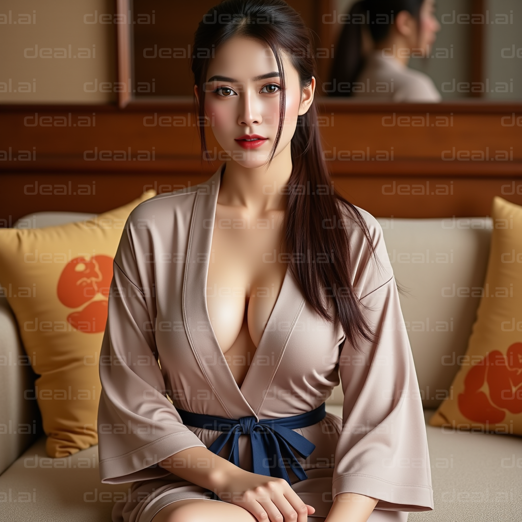 Woman in Elegant Robe on Sofa