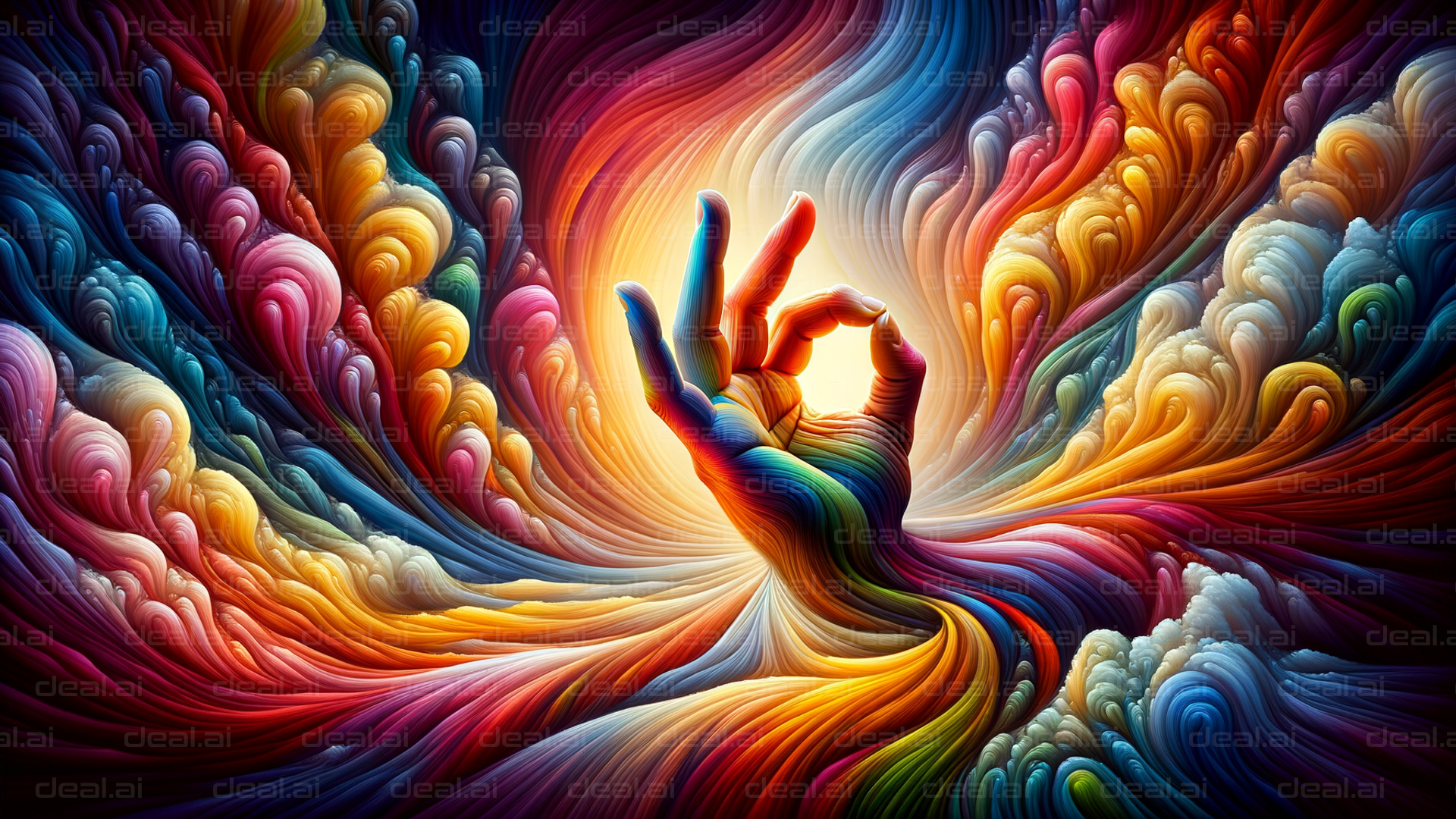 "Rainbow Hand within Vibrant Swirls"