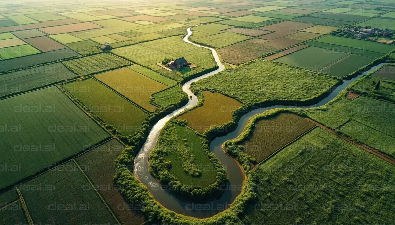 Winding River Through Lush Farmland