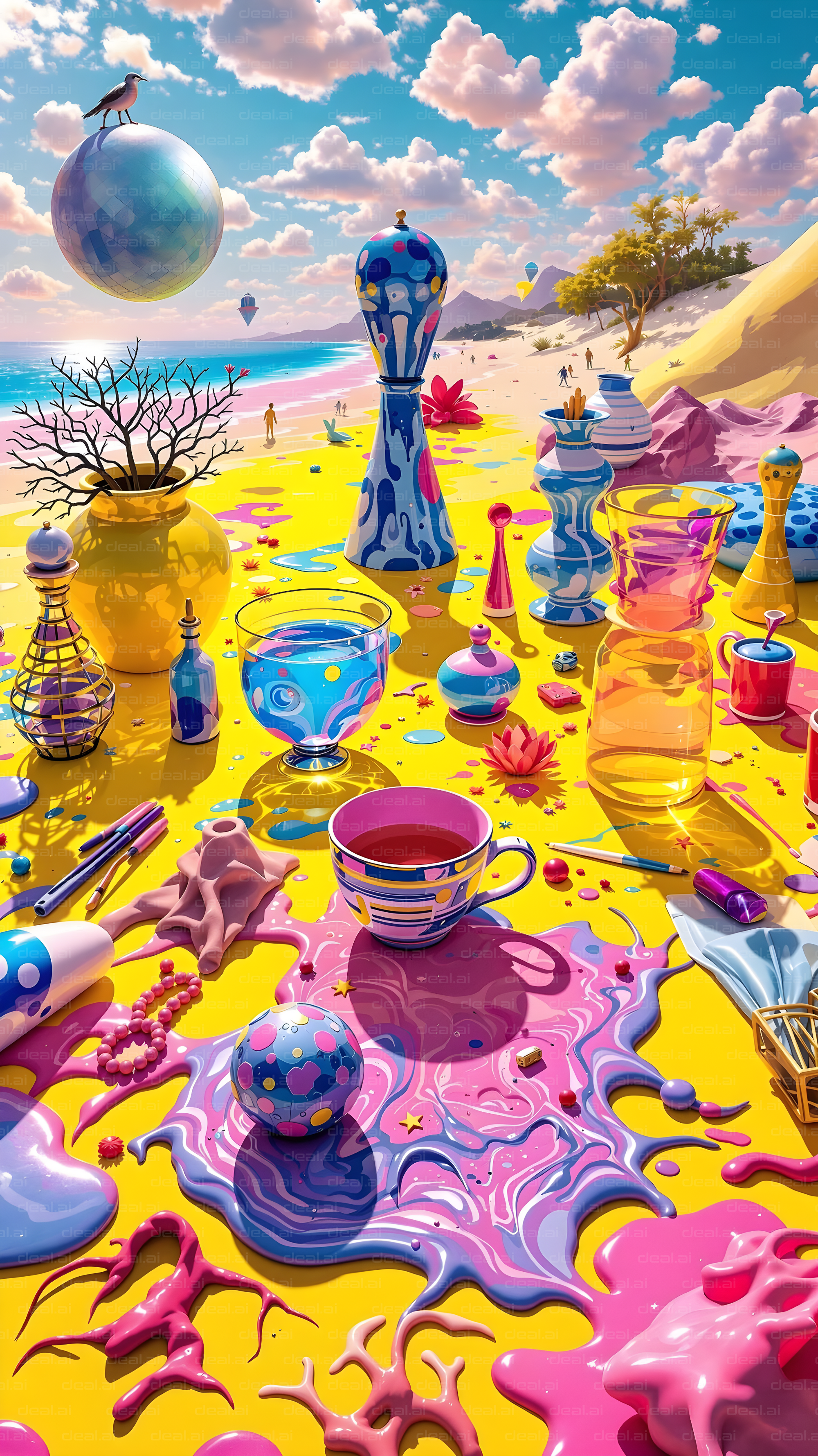 Surreal Beach Tea Party Scene