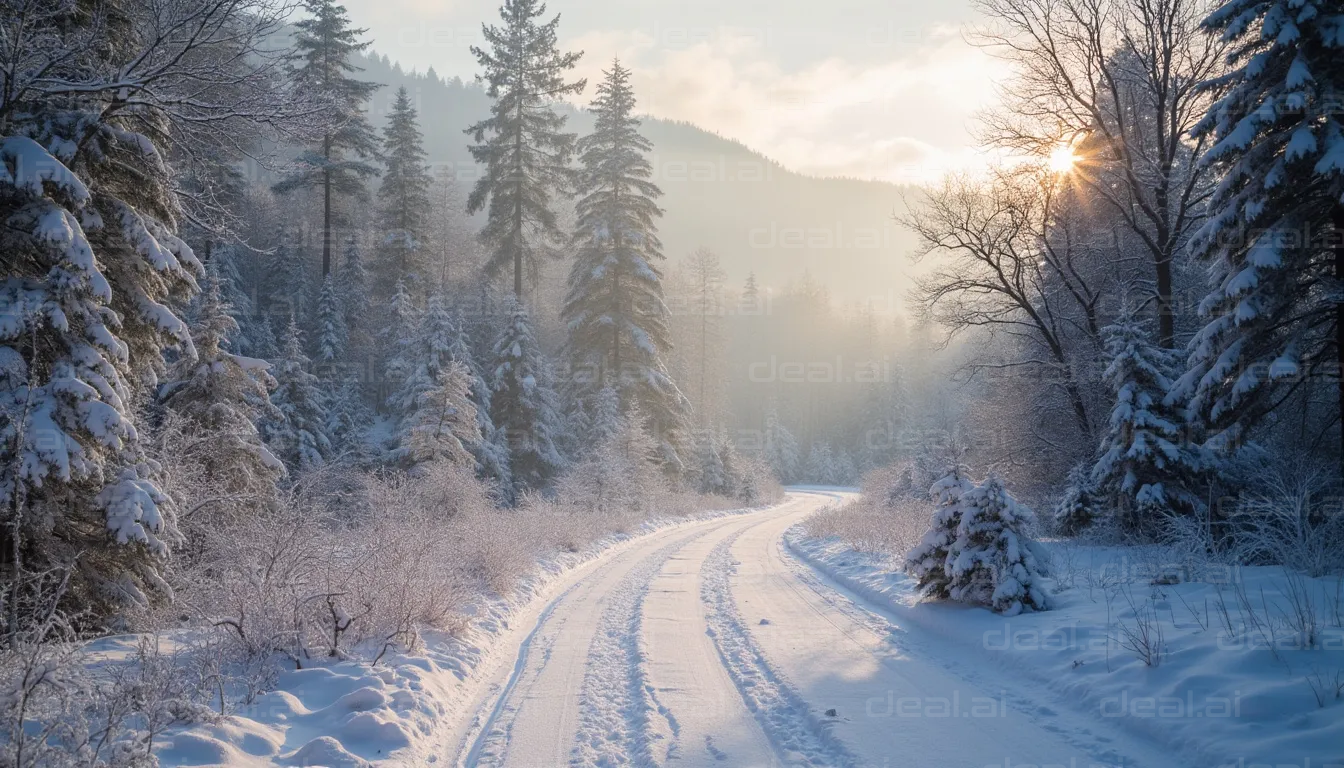 "Snowy Path Through Winter Forest"