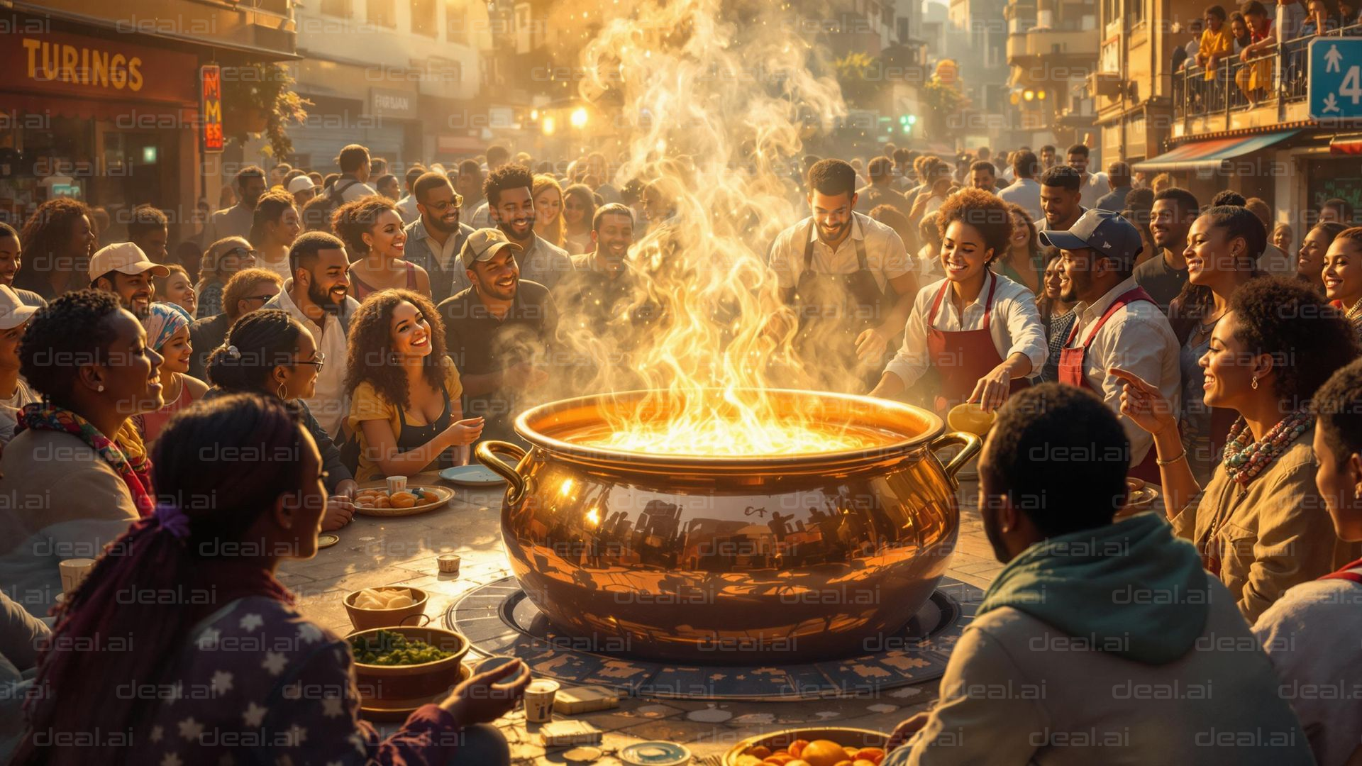 "Joyful Feast Around Gigantic Pot"