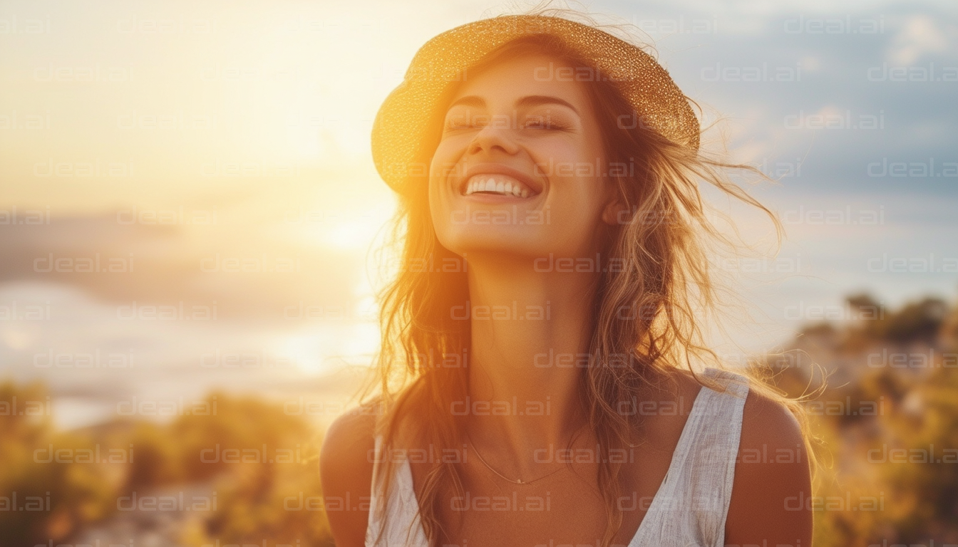 Joyful Woman Enjoying Golden Sunset