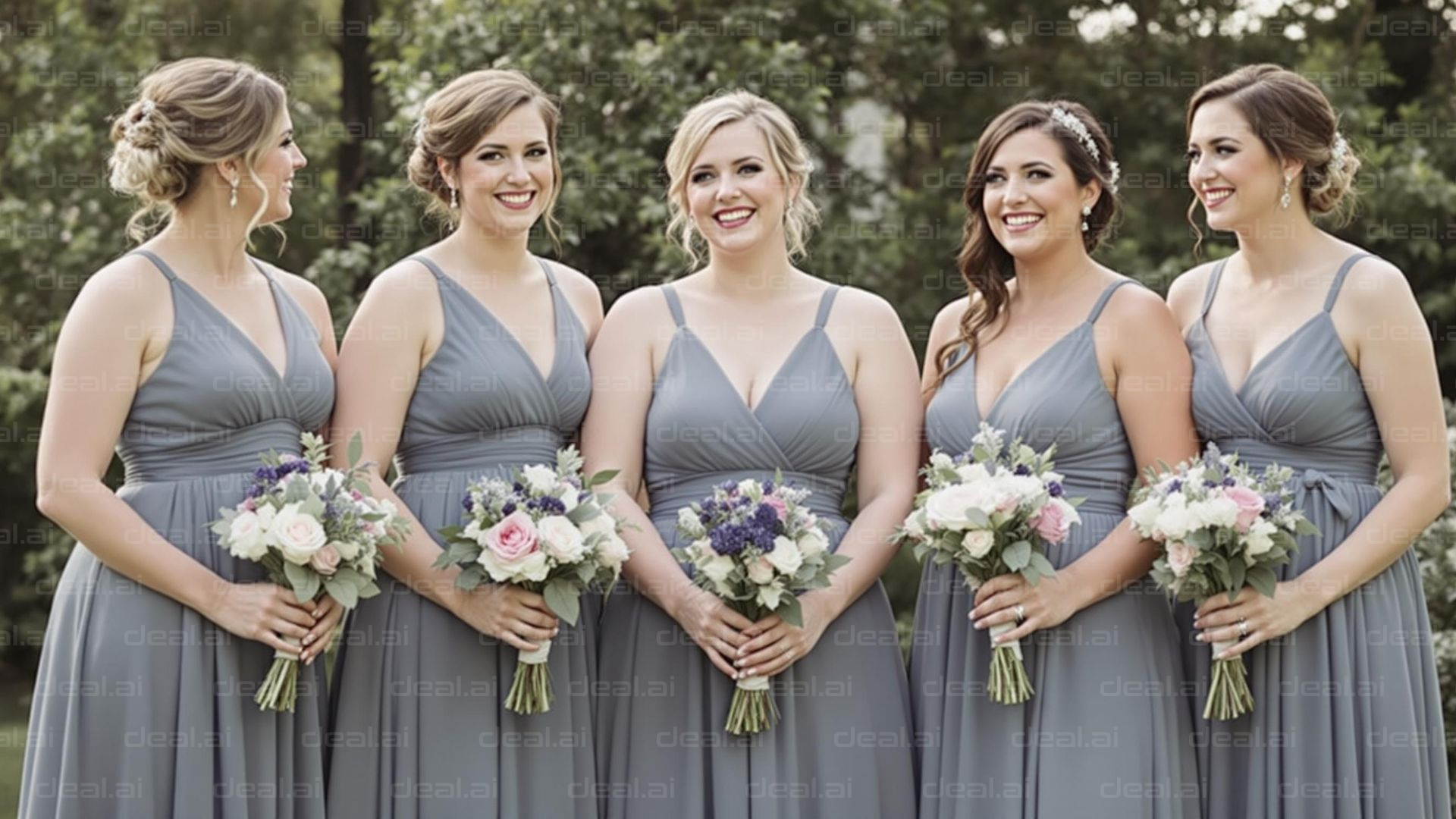Bridesmaids Smiling in Gray Dresses