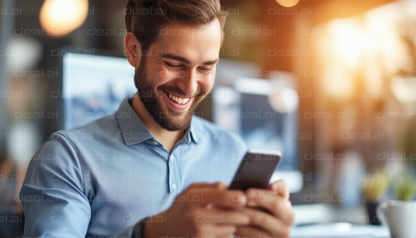 "Man Smiling While Using Mobile Phone"