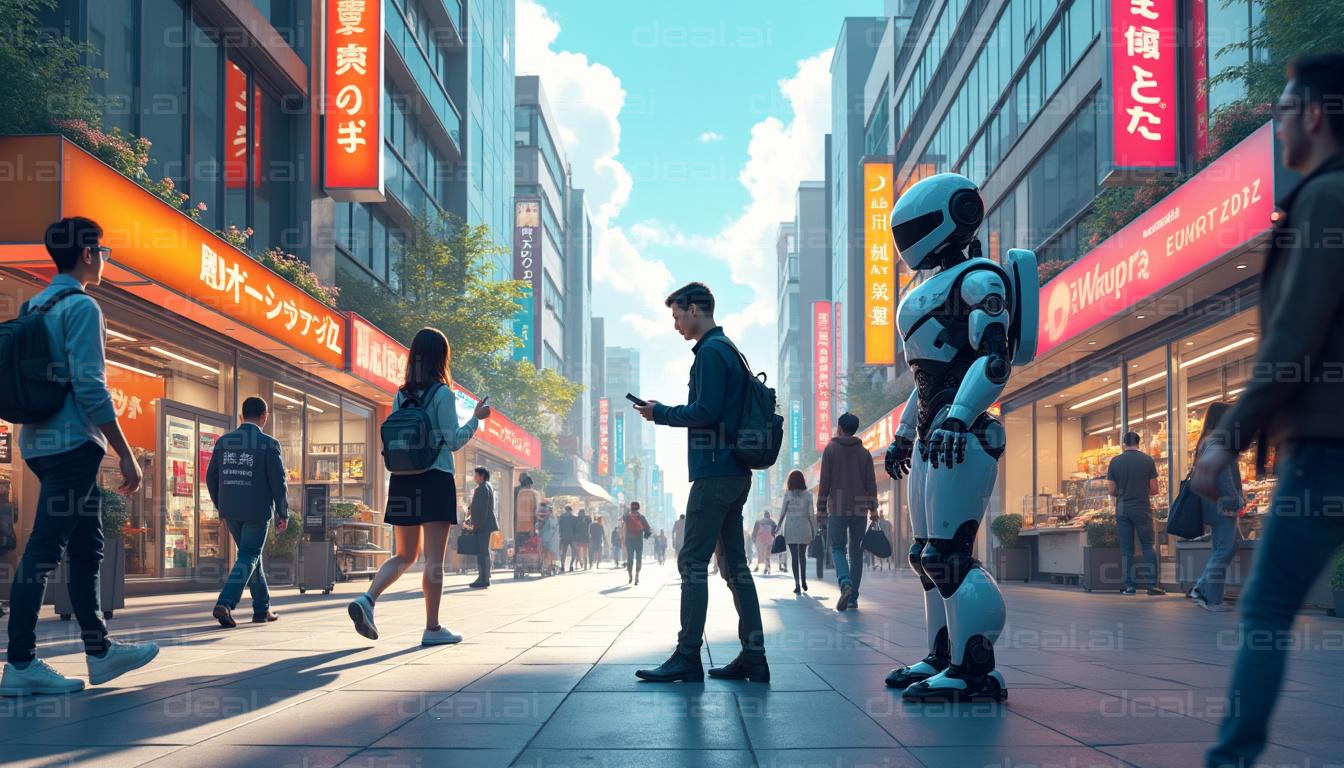 "Futuristic Street with Robot Companion"