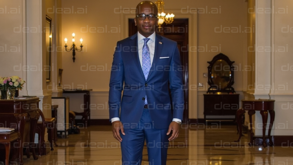 Man in Blue Suit in Elegant Hallway