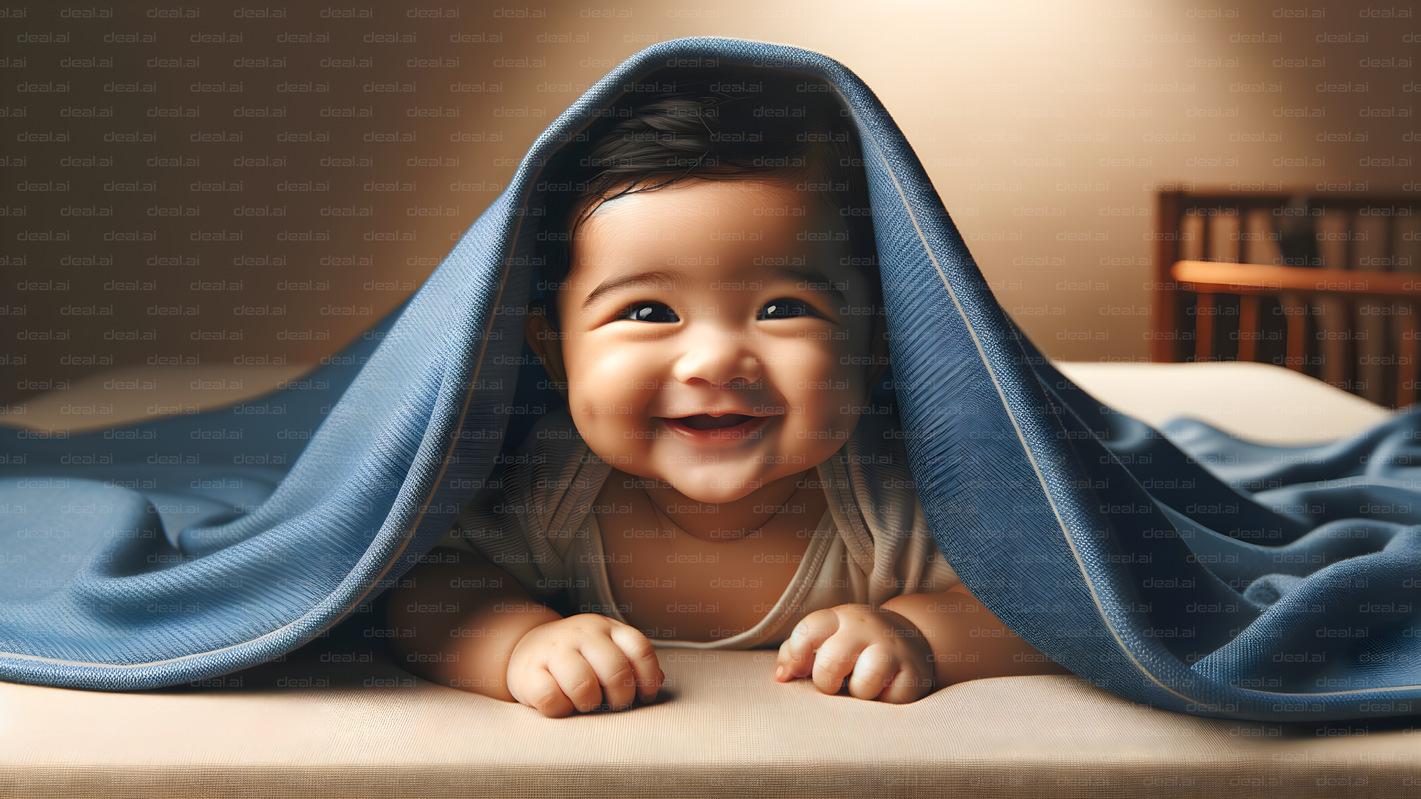 Smiling Baby Under Blue Blanket