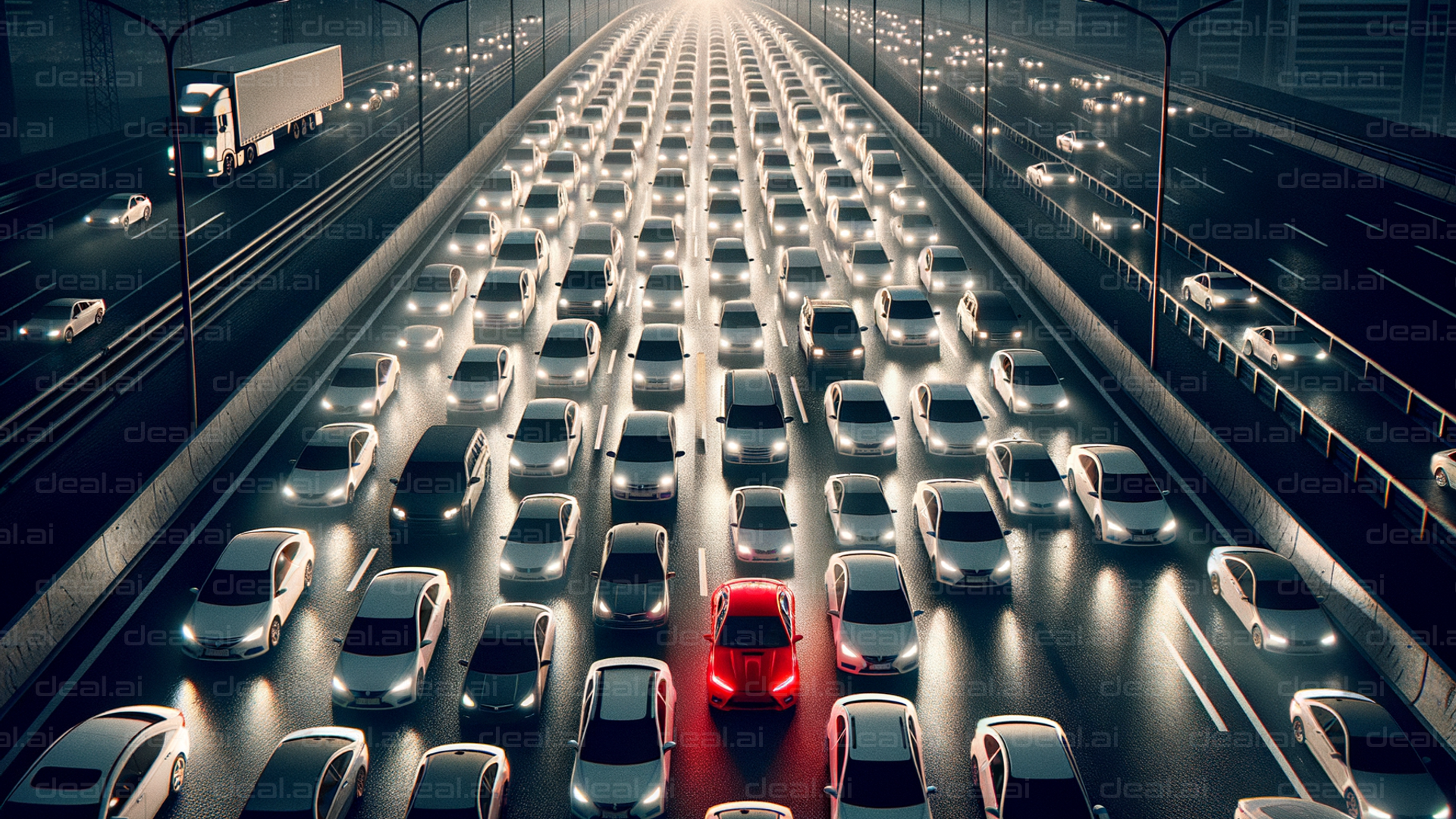 Red Car Amidst Traffic Jam