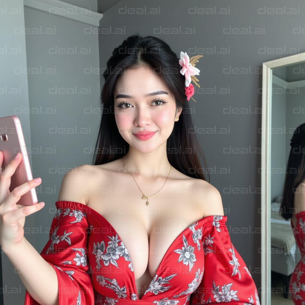 Elegant Floral Selfie in Red Dress