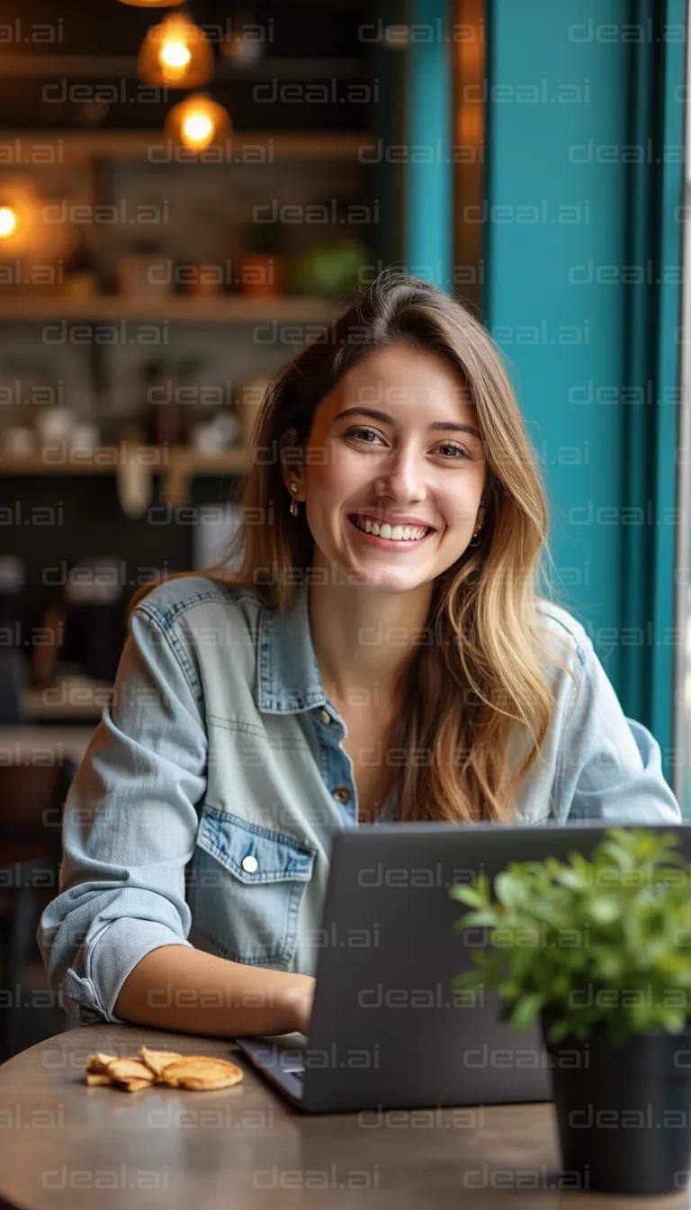 "Smiling Woman Working in Cozy Café"