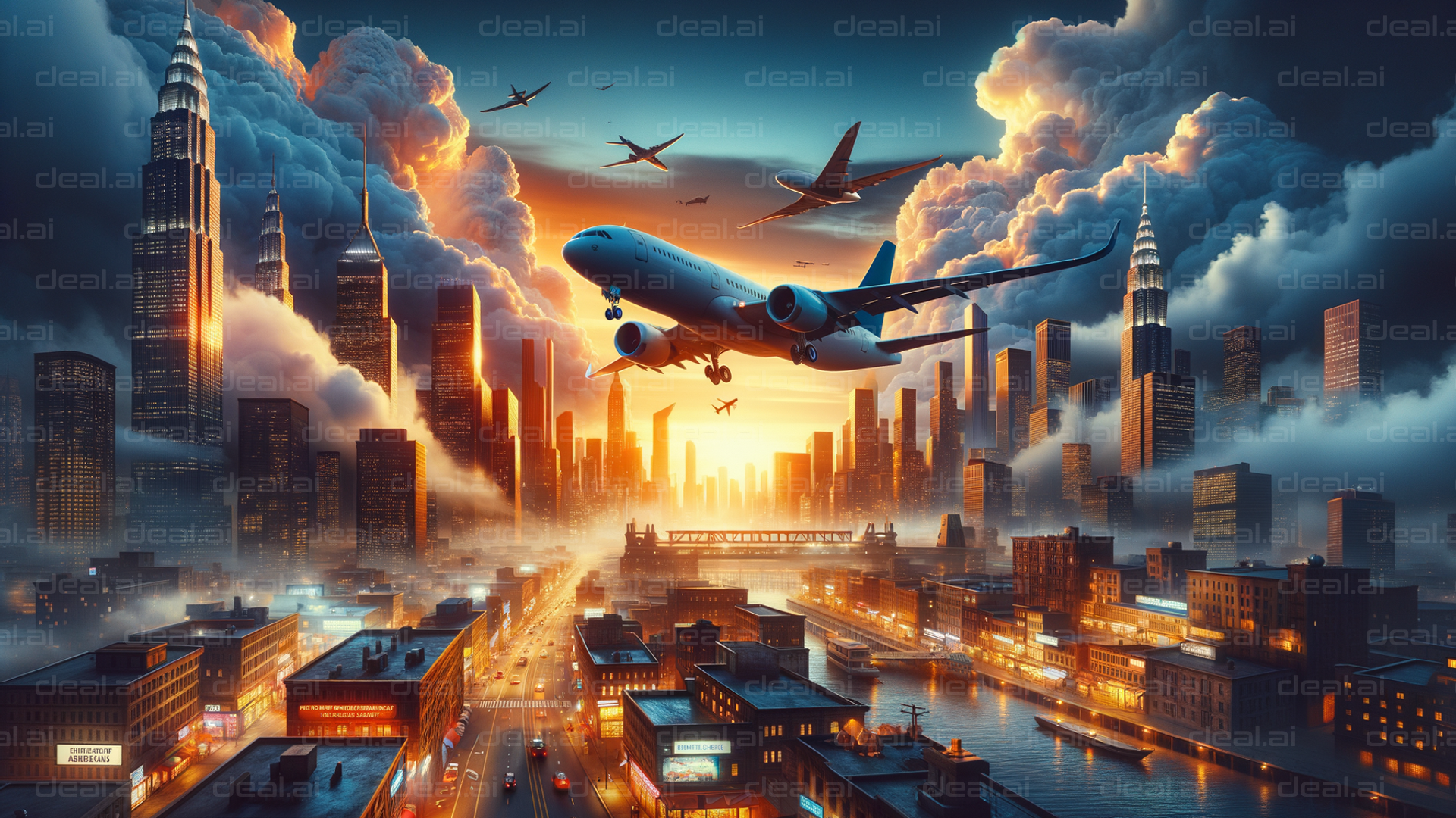 "Airplanes Over Sunset Cityscape"
