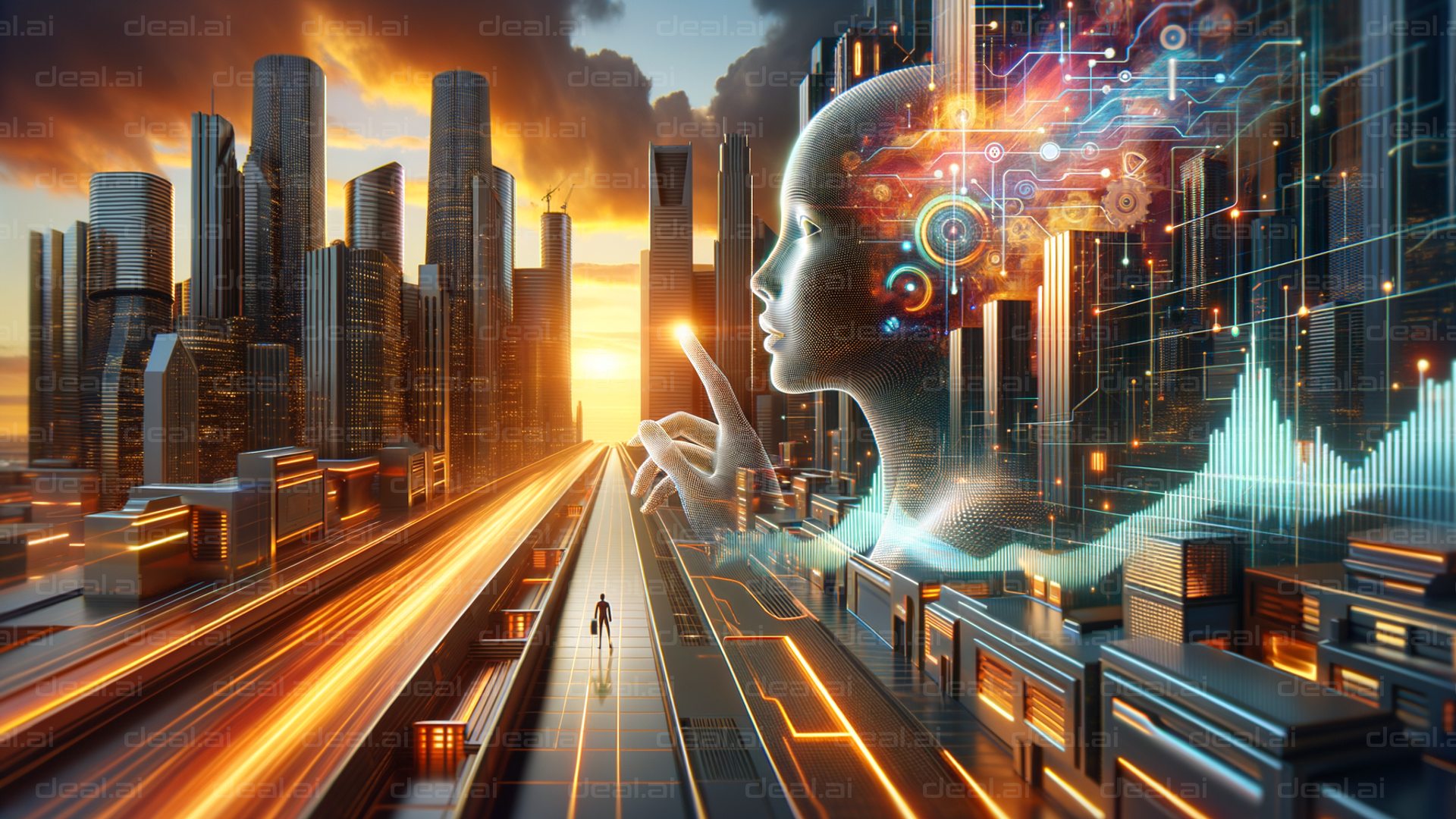 Futuristic AI Cityscape at Sunset