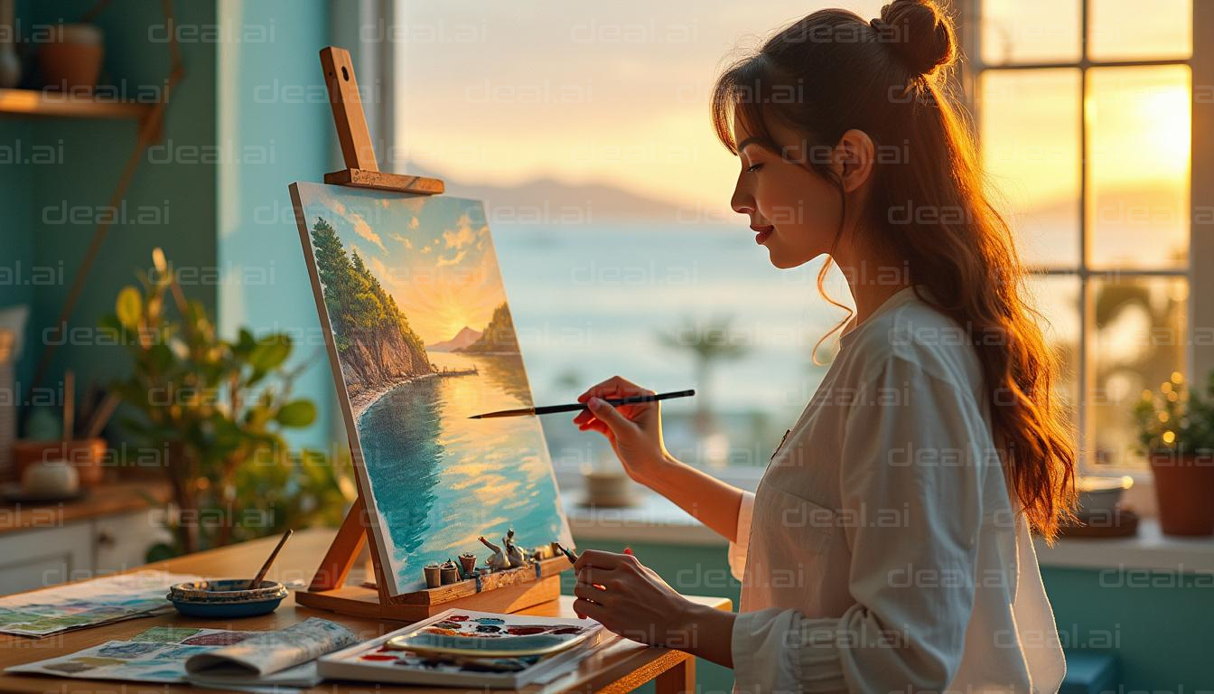 "Artist Painting a Serene Coastal Scene"