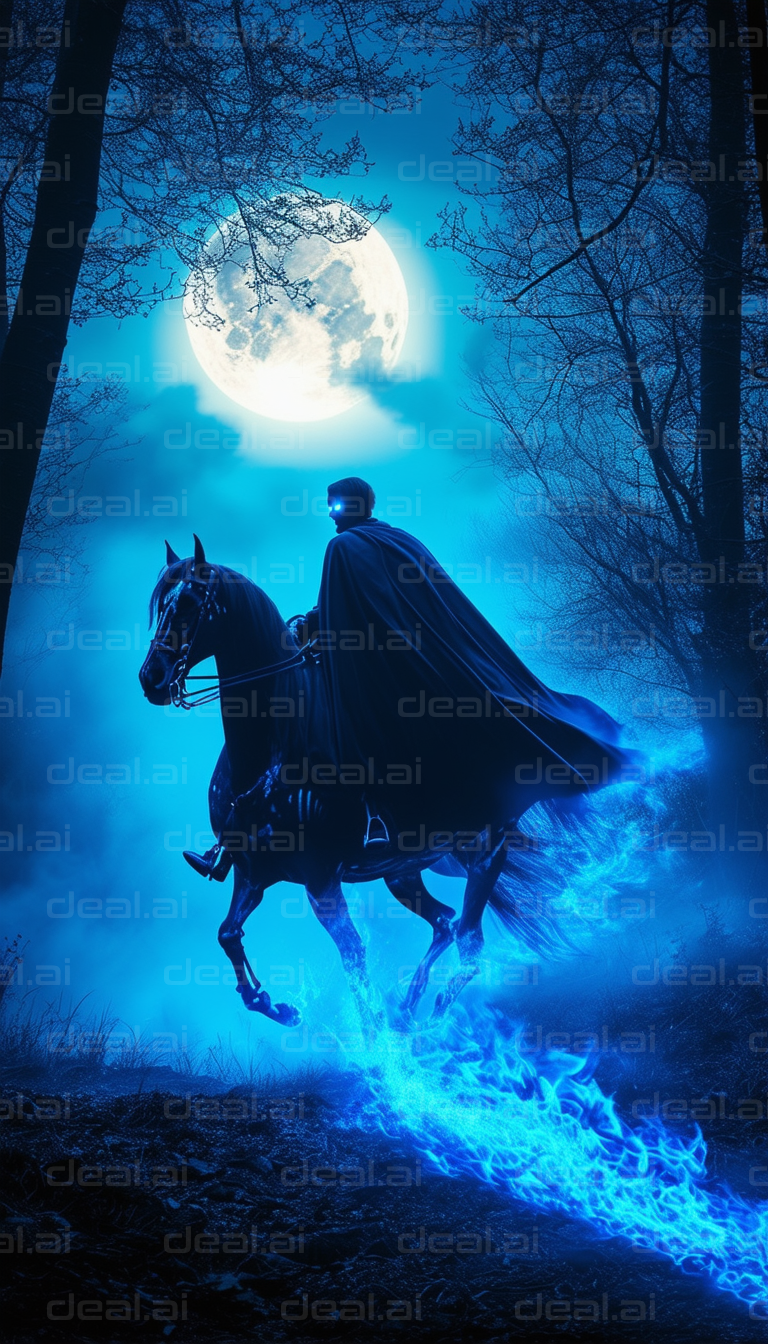 Mysterious Rider in Moonlit Forest