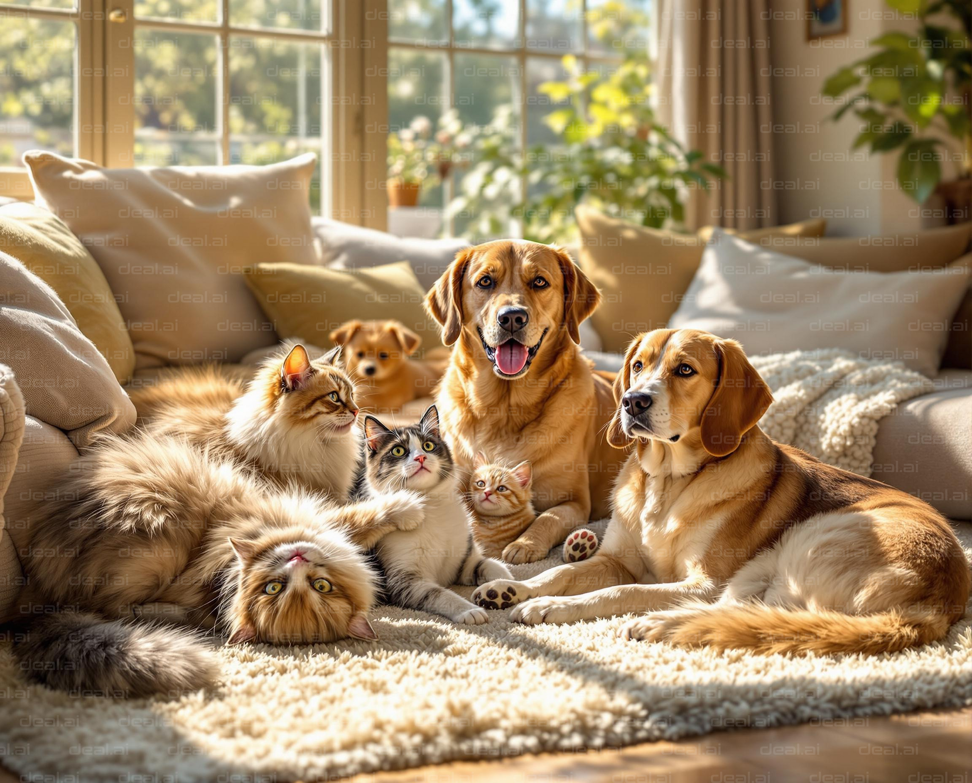 Cozy Cats and Dogs on a Sunny Sofa