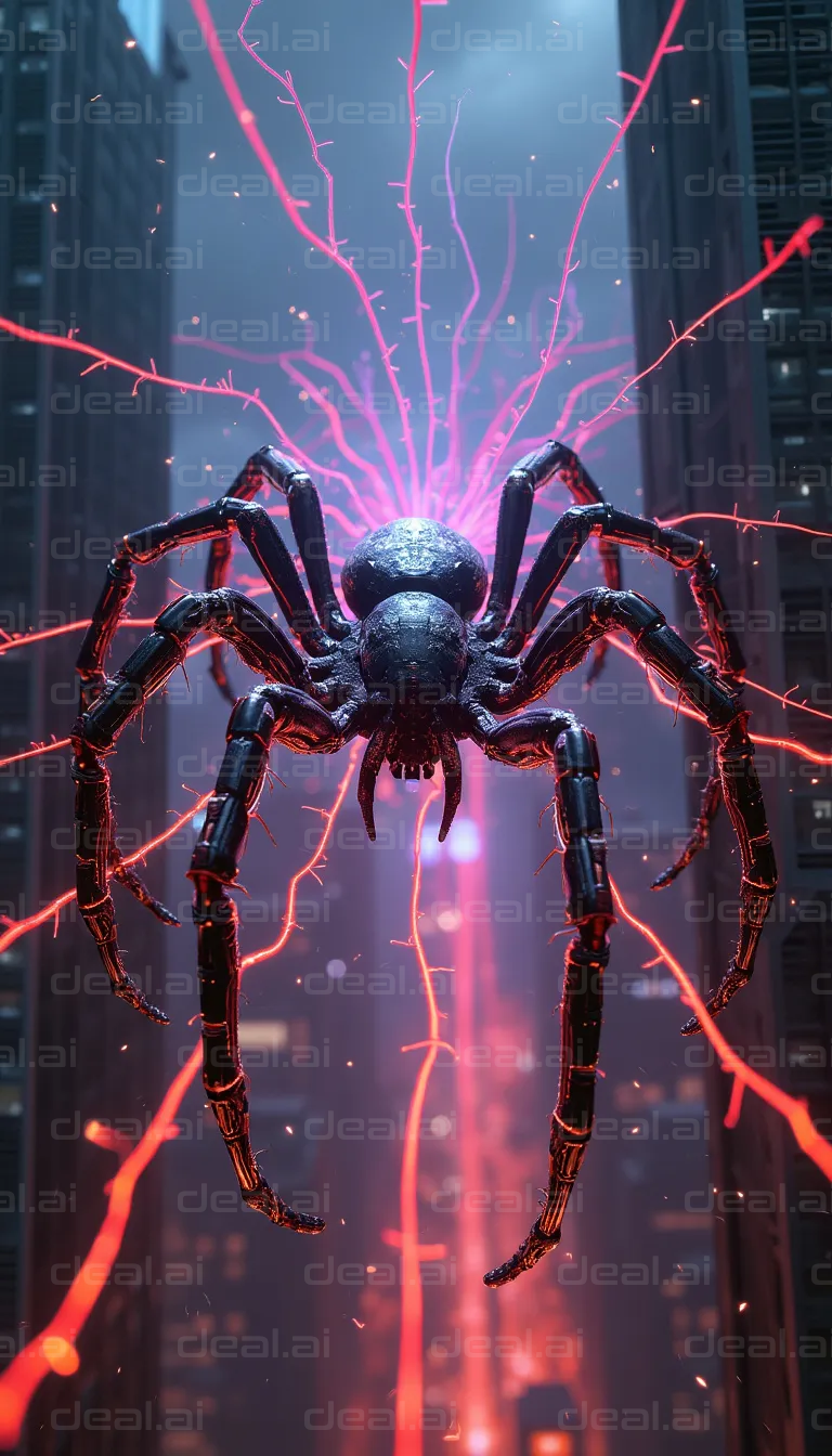 "Electric Mechanized Spider in Cityscape"