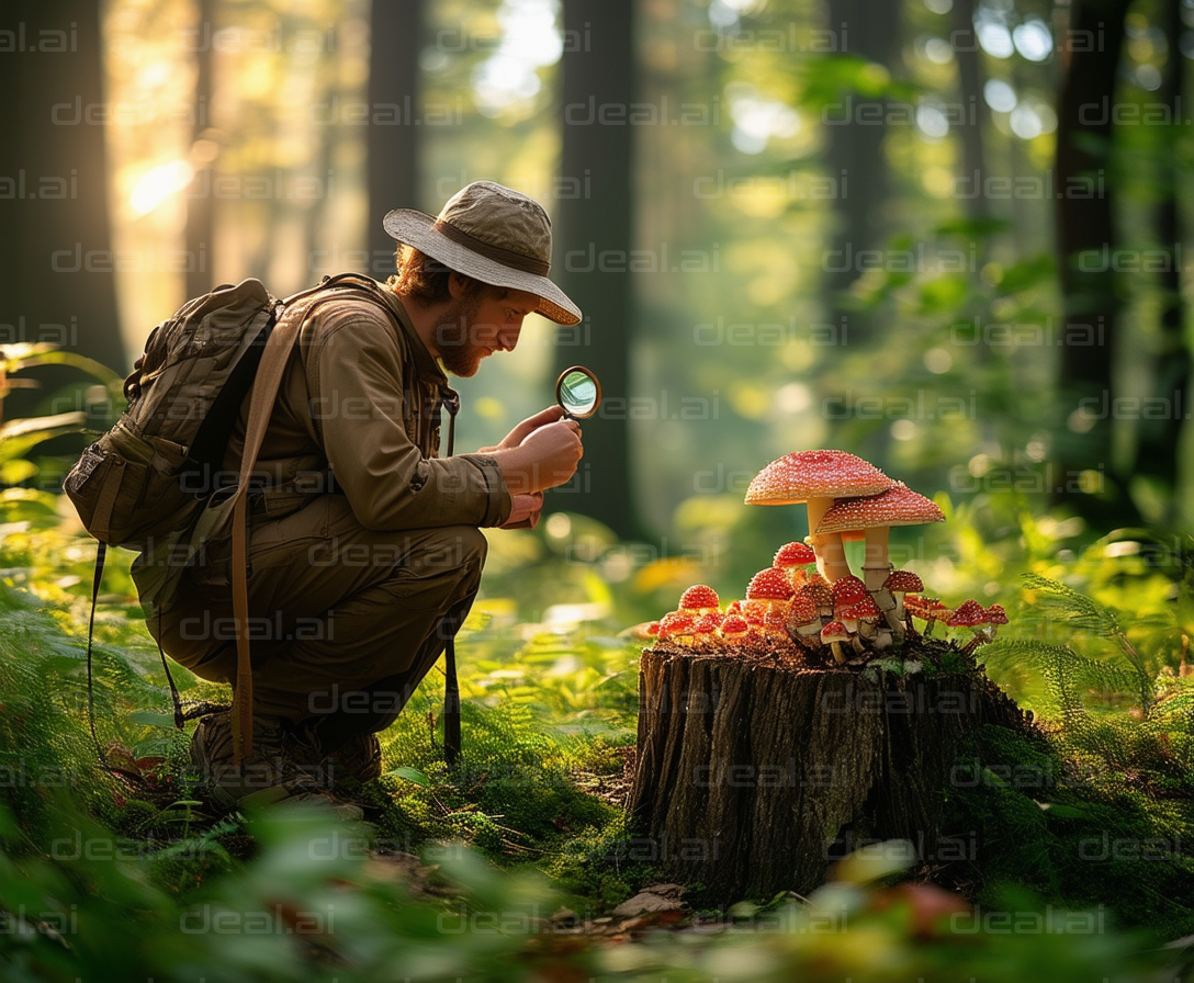 Explorer Studying Mushrooms in Forest