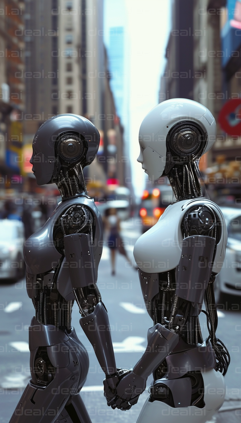 Robots Holding Hands in a Busy City