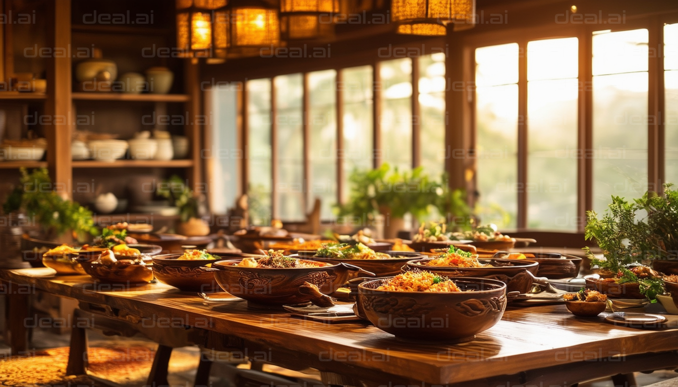 Rustic Feast in Sunlit Dining Room