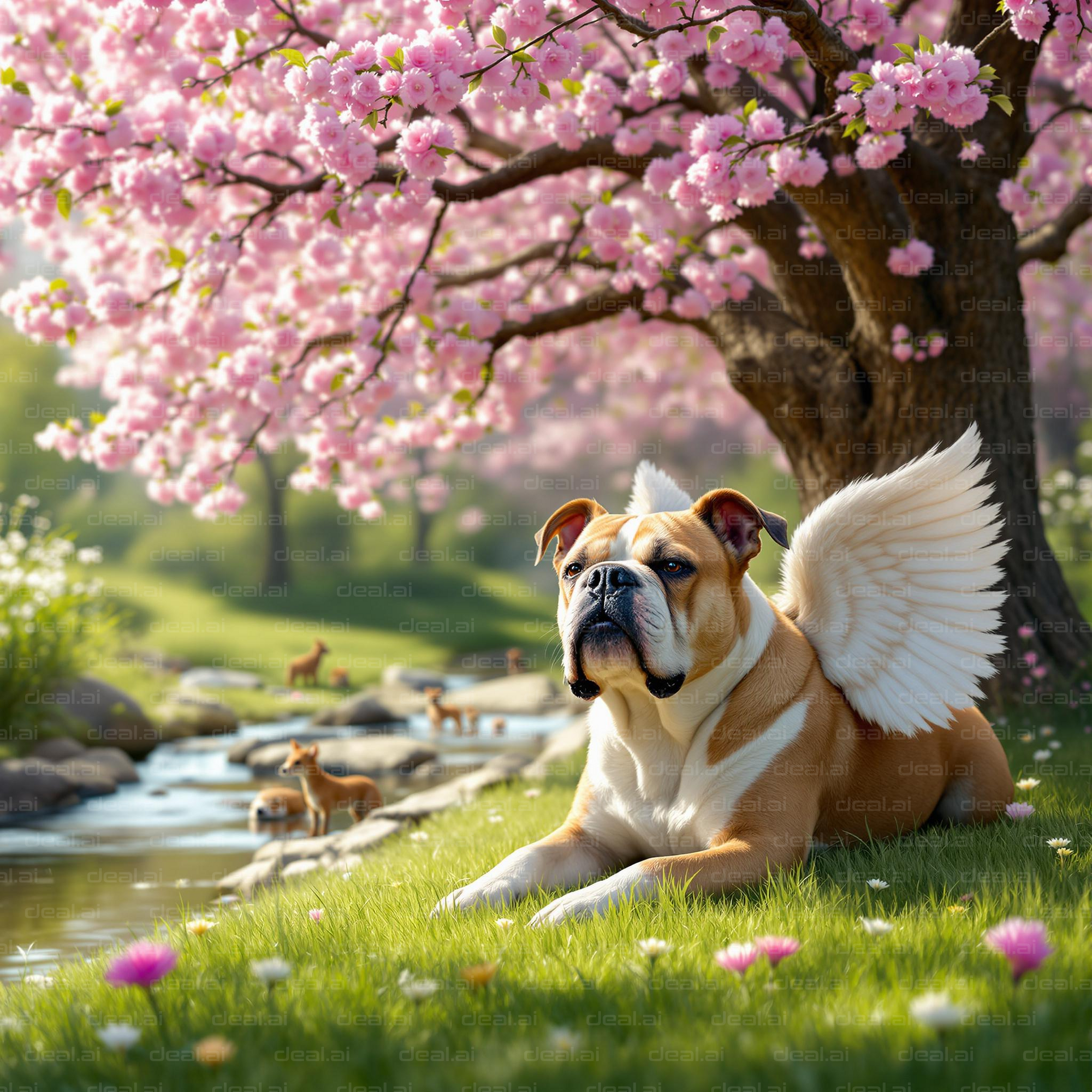 "Angel Dog Under Cherry Blooms"
