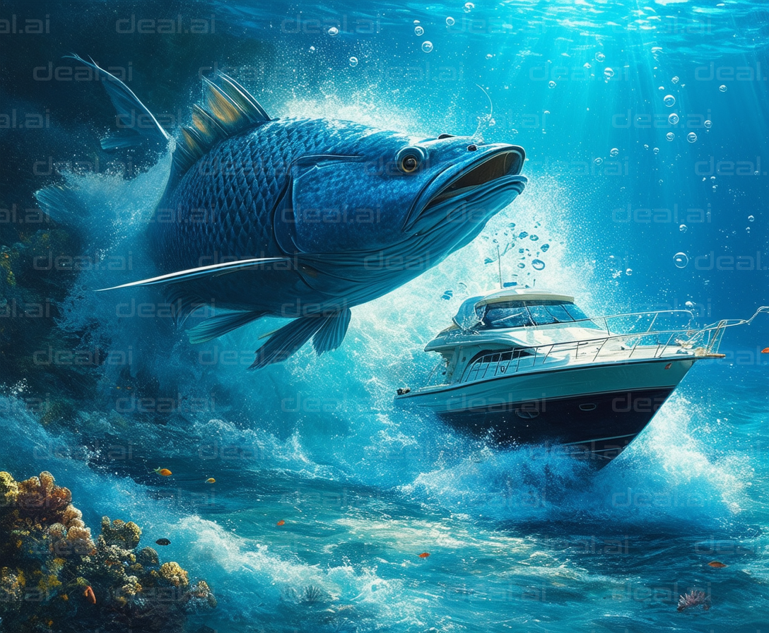 "Giant Fish and Boat in Ocean Fantasy"